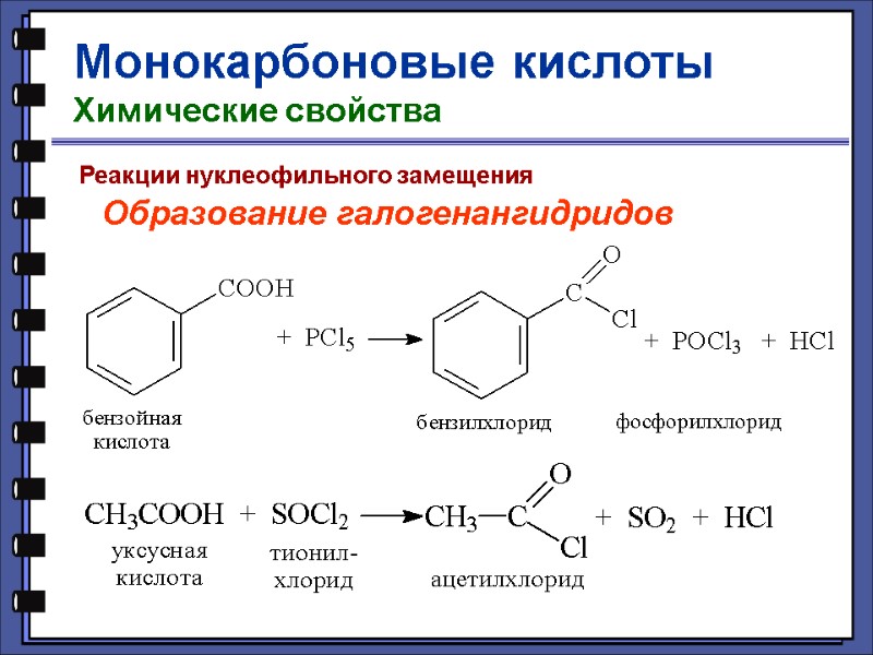 Монокарбоновые кислоты Химические свойства   Реакции нуклеофильного замещения Образование галогенангидридов